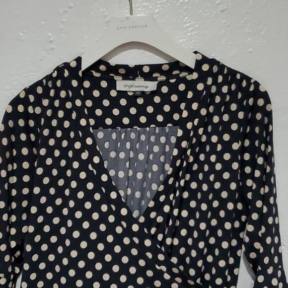Angel Maternity Polka Dot Wrap Dress with Bell Sleeves in Black & Cream Size XS - Picture 2 of 10